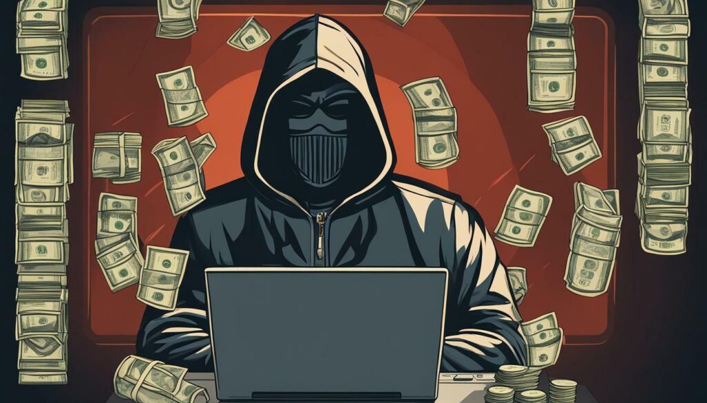 Man in black hoodie and mask in front of a laptop with money raining around him.