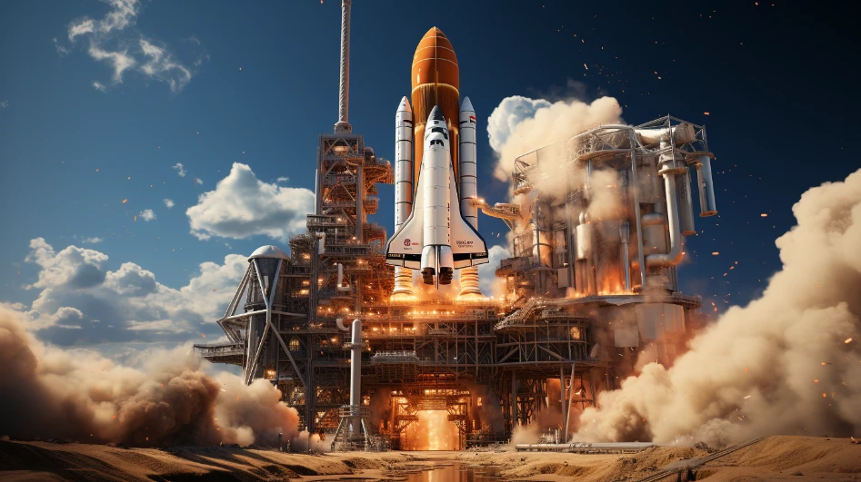 Rocket ship ascending from a launchpad, symbolic of a business's upward trajectory with strategic marketing and advertising