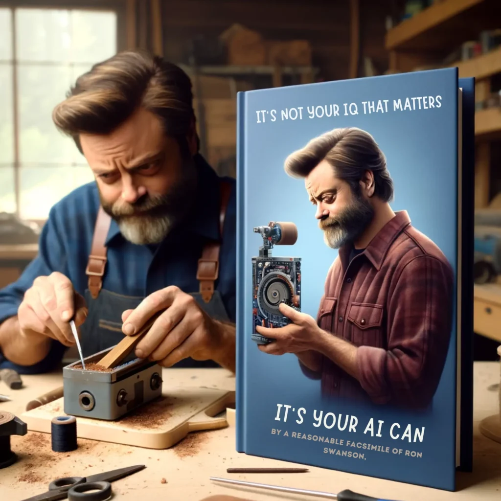 A man resembling Ron Swanson stands confidently in the woods with a smart device in hand, symbolizing the melding of rugged individualism and modern AI capabilities.