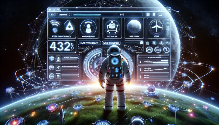 An astronaut adjusts a control panel on a digital planet, representing website user interface optimization for SEO, amidst a backdrop of the digital cosmos filled with data and algorithms.