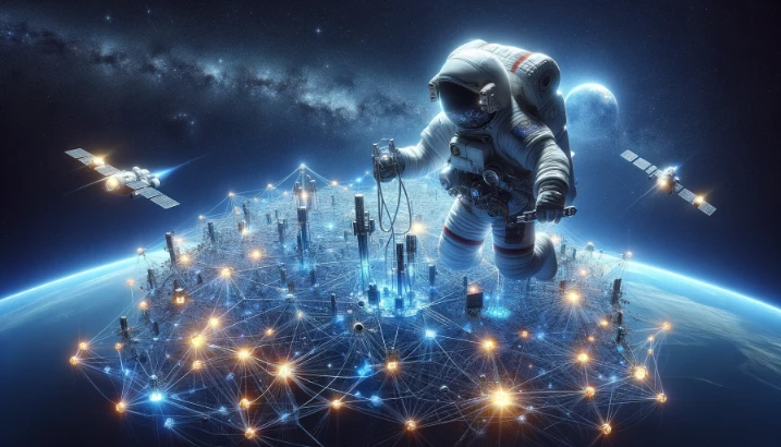 An astronaut analyzing SEO metrics on a holographic interface in space, with Earth in the background.