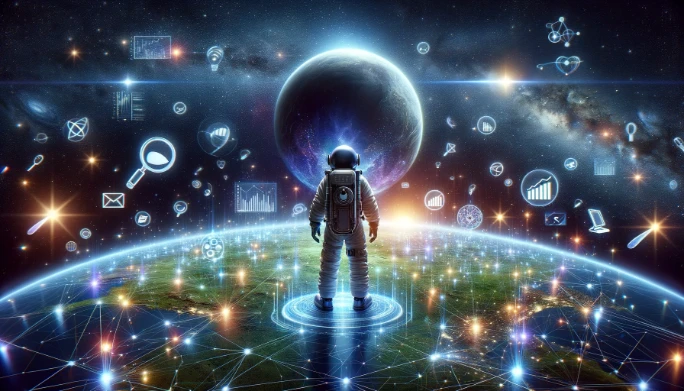 An astronaut on a digital planet, surrounded by SEO icons like magnifying glasses and graphs, interacts with a holographic interface of charts, set against a backdrop of space.