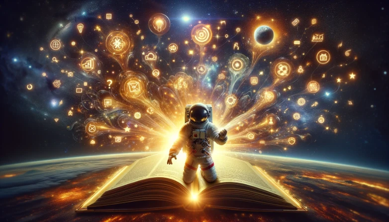 An astronaut in space with an open book that radiates bright, golden light, illuminating digital icons and symbols of content marketing and SEO strategies.