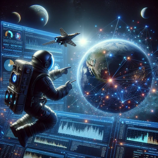 An astronaut is seen analyzing SEO metrics on a digital display in space, orbiting a planet that represents the internet, highlighting the importance of SEO monitoring for website success amidst a backdrop of stars and galaxies