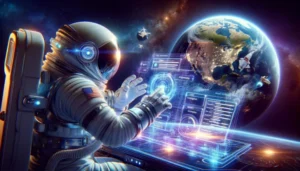 An astronaut examining a holographic display of website structure and SEO metrics in space, with Earth in the background.
