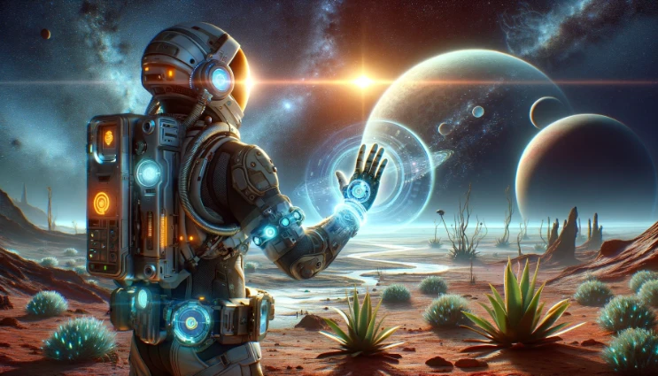 A futuristic astronaut using a wearable device for voice search on an alien planet, showcasing advanced technology and space exploration